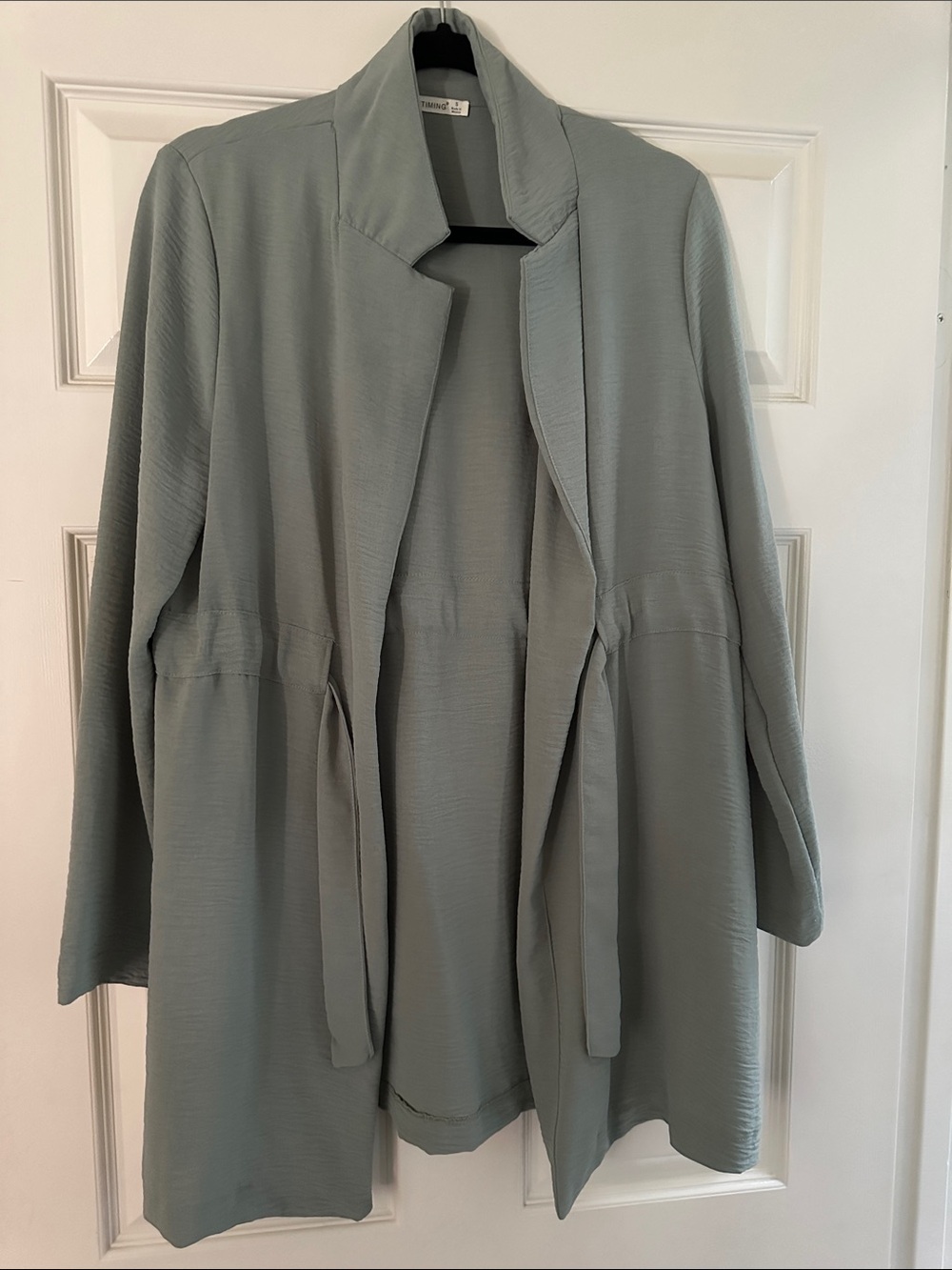 Timing Light Sage Open-Front Trench Coat with Self-Tie Waist